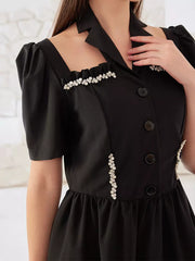Rhinestone Halter Neck Short Sleeve A-line Pleated Dress
