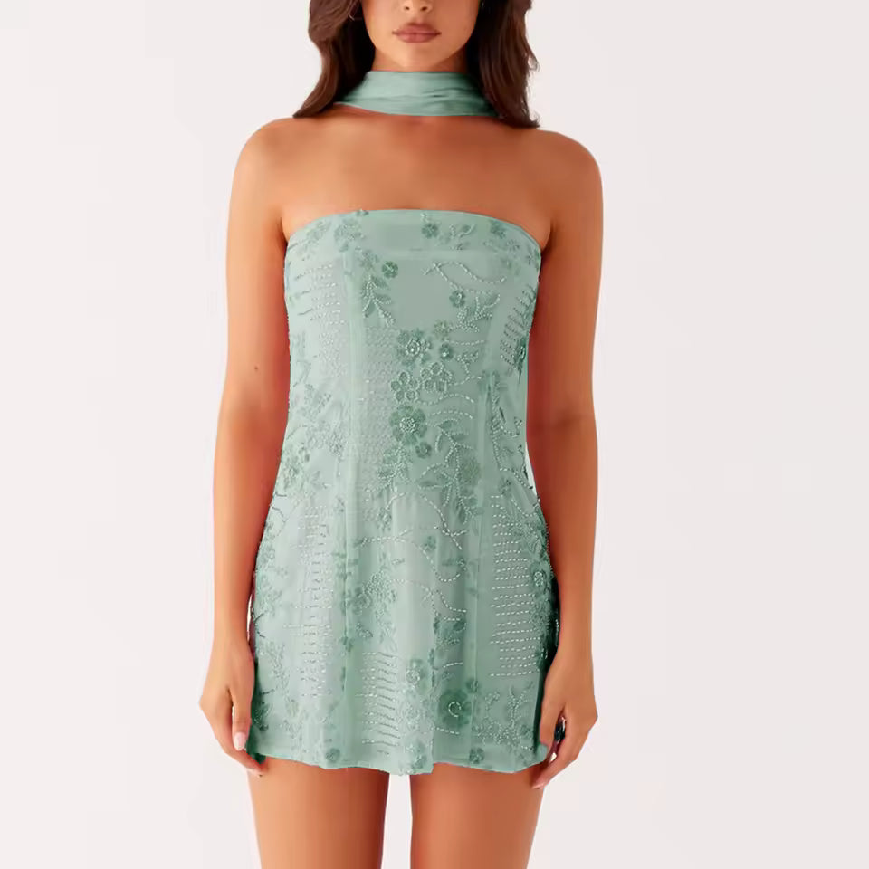 Rhinestone Sleeveless Off Shoulder Backless Sequin Strapless With Scarf Mini Dress
