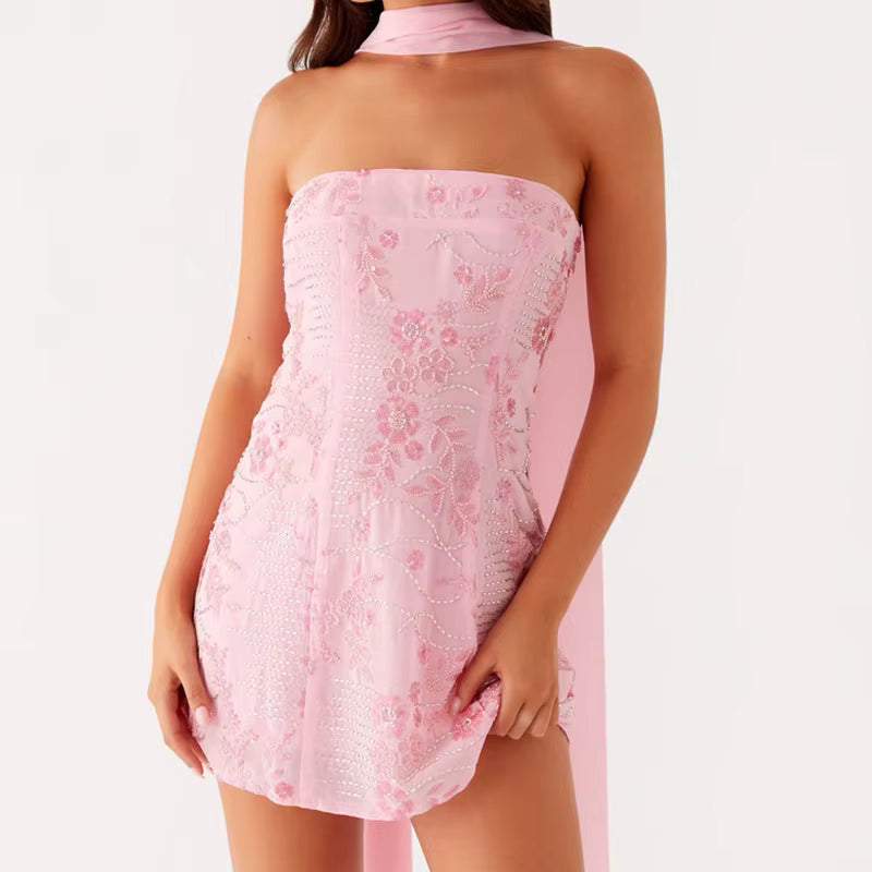 Rhinestone Sleeveless Off Shoulder Backless Sequin Strapless With Scarf Mini Dress