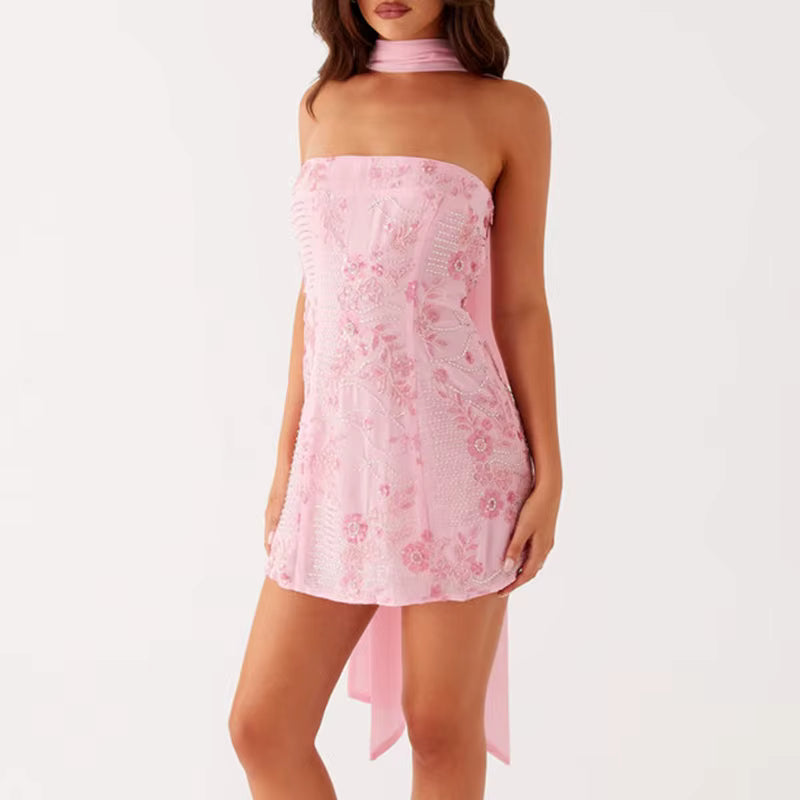 Rhinestone Sleeveless Off Shoulder Backless Sequin Strapless With Scarf Mini Dress
