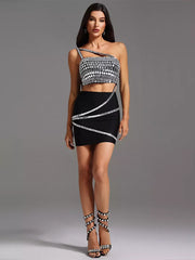Rhinestone Sleeveless One Shoulder With Asymmetrical Design Bodycon Mini Dress
