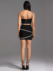 Rhinestone Sleeveless One Shoulder With Asymmetrical Design Bodycon Mini Dress