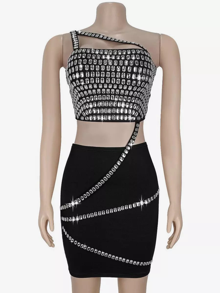 Rhinestone Sleeveless One Shoulder With Asymmetrical Design Bodycon Mini Dress