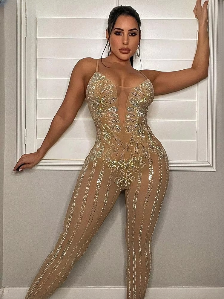 Rhinestone Spaghetti Straps Glam Sleeveless Sheer Mesh Crystal Romper Clubwear Jumpsuits