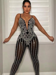 Rhinestone Spaghetti Straps Glam Sleeveless Sheer Mesh Crystal Romper Clubwear Jumpsuits