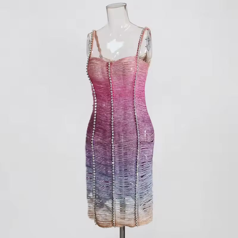 Rhinestone Square Collar Shoulder Straps Perspective Spaghetti Strap Hollow Color Mini Dress