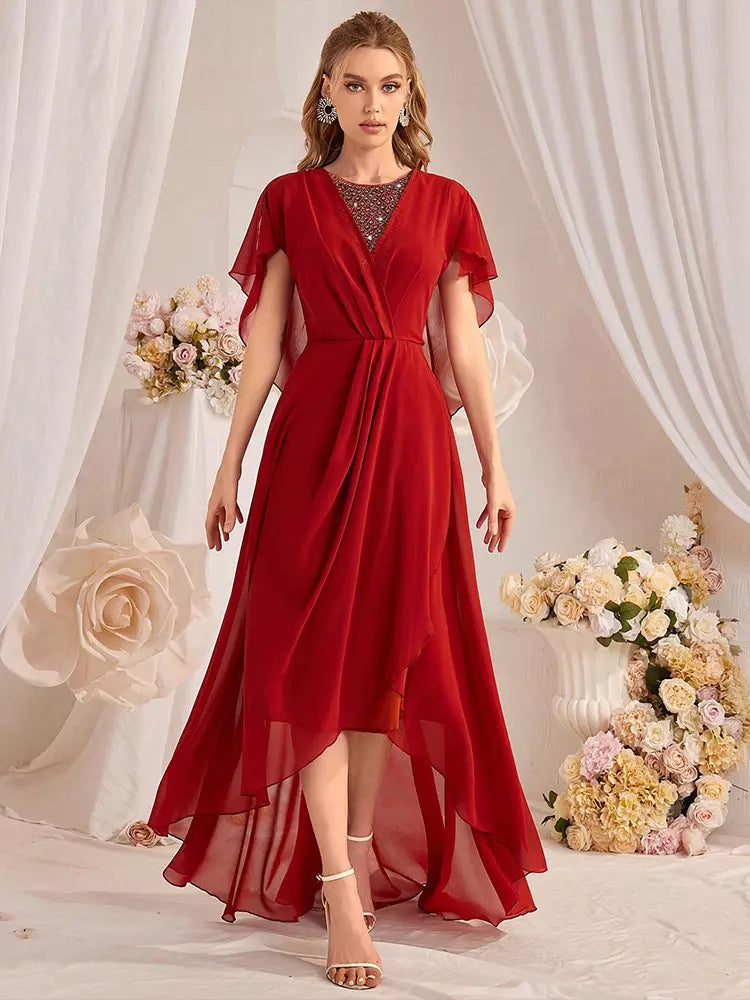 Rhinestones Asymmetrical Chiffon Hem Maxi Sleeves Dress