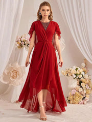 Rhinestones Asymmetrical Chiffon Hem Maxi Sleeves Dress
