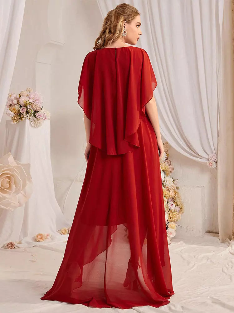 Rhinestones Asymmetrical Chiffon Hem Maxi Sleeves Dress