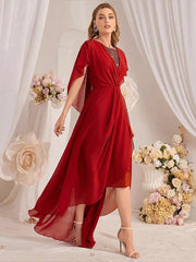 Rhinestones Asymmetrical Chiffon Hem Maxi Sleeves Dress