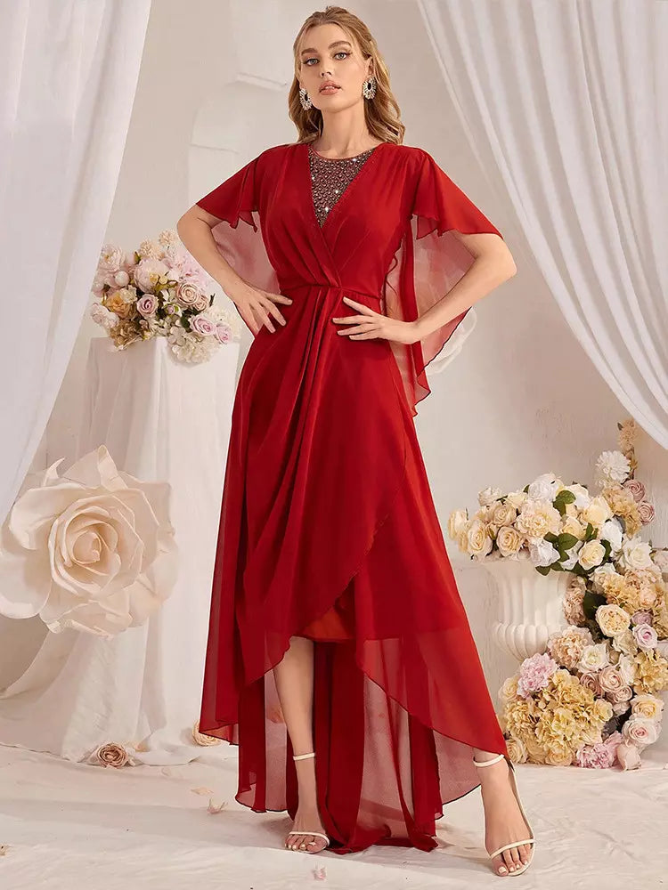 Rhinestones Asymmetrical Chiffon Hem Maxi Sleeves Dress