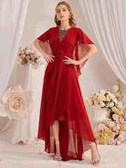 Rhinestones Asymmetrical Chiffon Hem Maxi Sleeves Dress