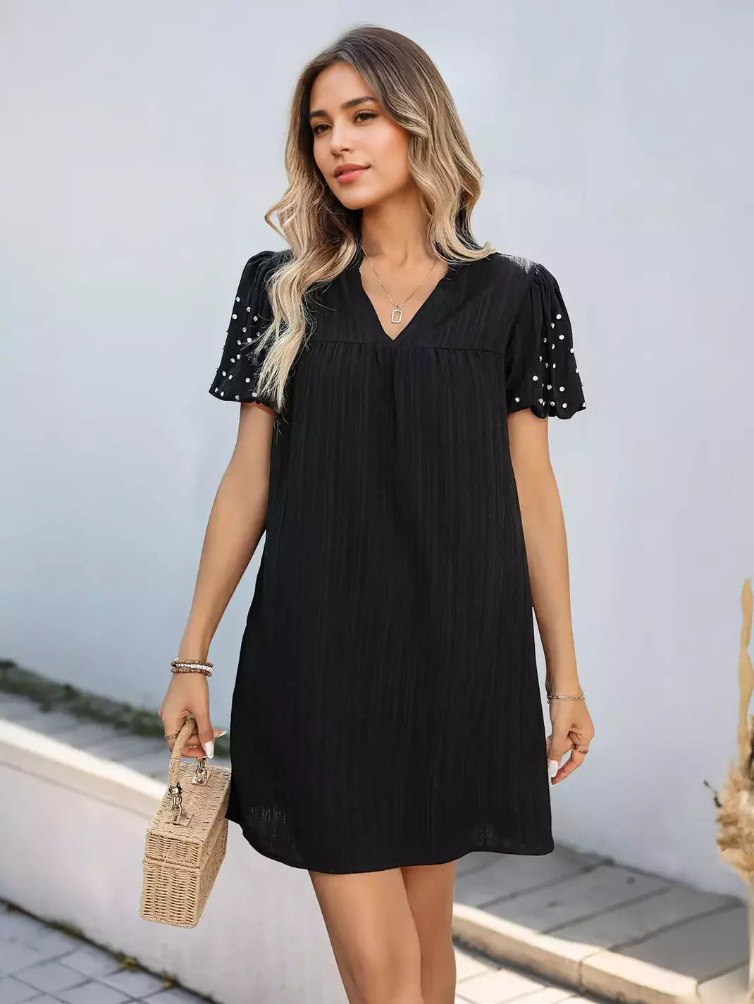 Rhinestones Short Lantern Sleeve V-neck Solid Color Shift Mini Dress