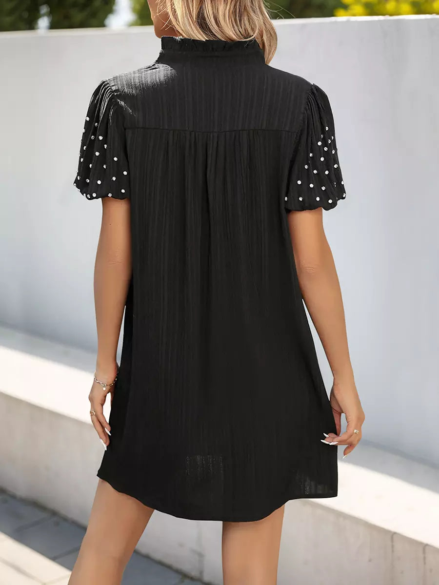 Rhinestones Short Lantern Sleeve V-neck Solid Color Shift Mini Dress