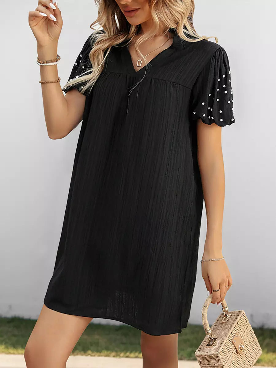 Rhinestones Short Lantern Sleeve V-neck Solid Color Shift Mini Dress