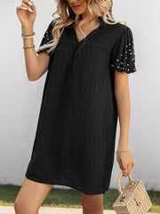 Rhinestones Short Lantern Sleeve V-neck Solid Color Shift Mini Dress