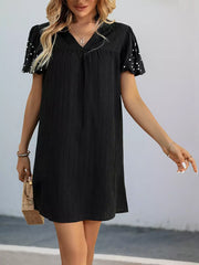 Rhinestones Short Lantern Sleeve V-neck Solid Color Shift Mini Dress