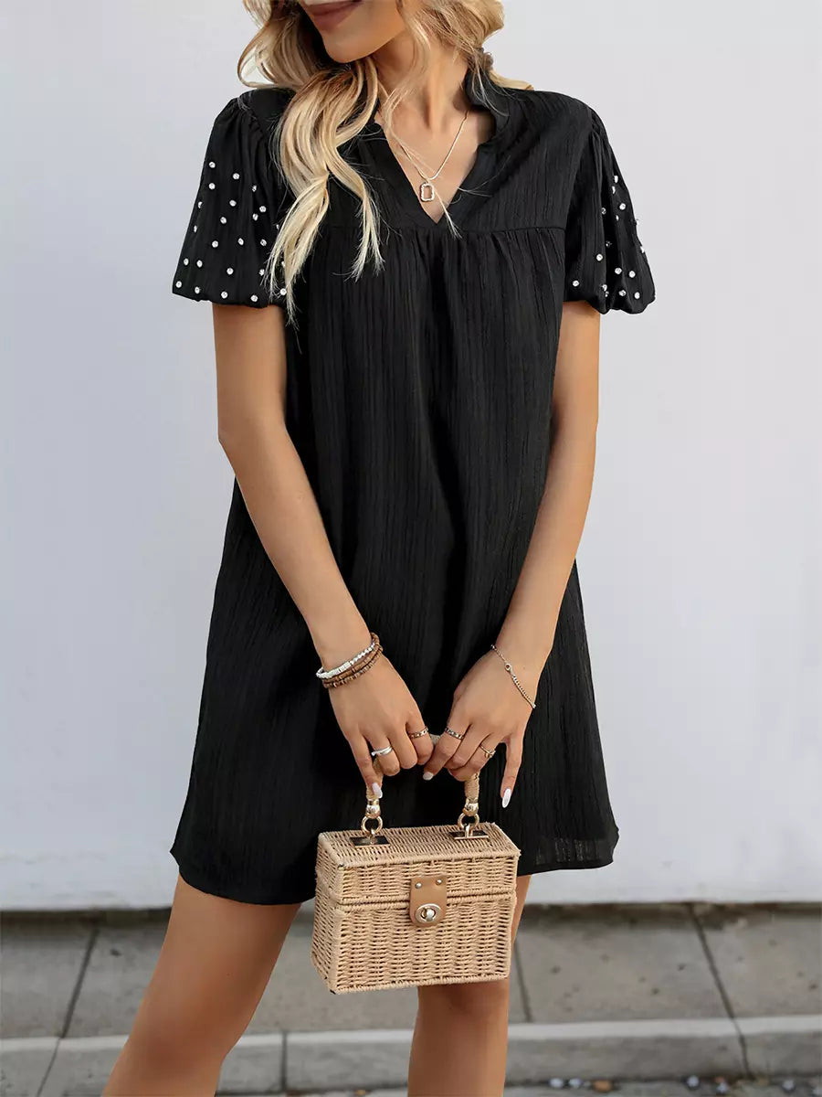 Rhinestones Short Lantern Sleeve V-neck Solid Color Shift Mini Dress