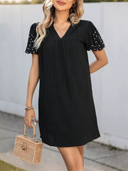 Rhinestones Short Lantern Sleeve V-neck Solid Color Shift Mini Dress