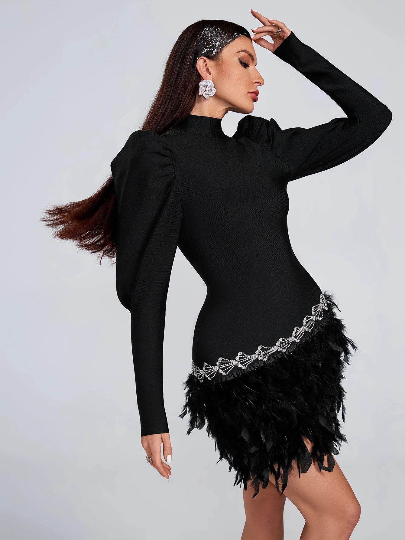 Rhinestones Turtleneck zipper Long Sleeves Feather Cocktail Party Bandage Dress