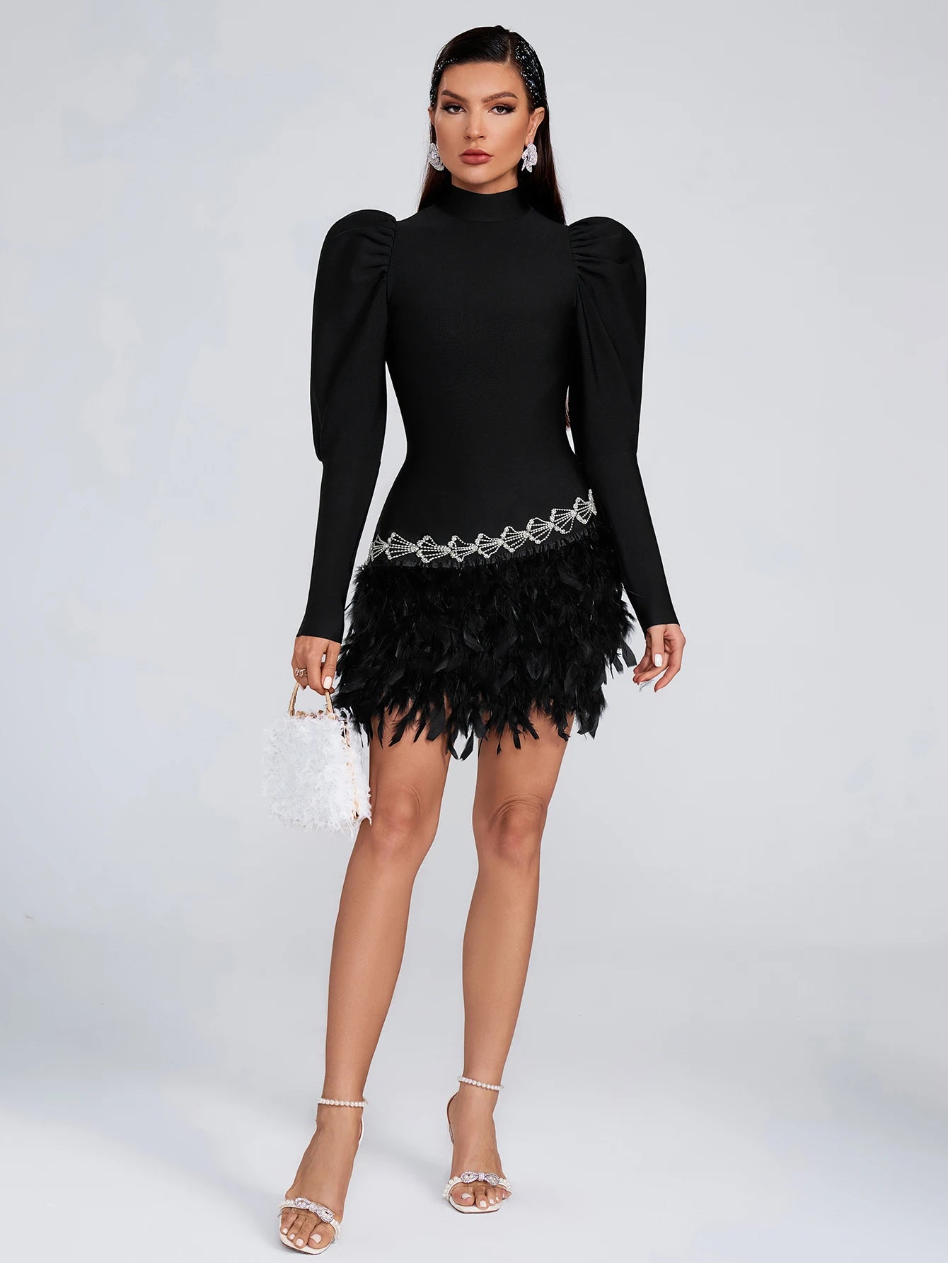 Rhinestones Turtleneck zipper Long Sleeves Feather Cocktail Party Bandage Dress