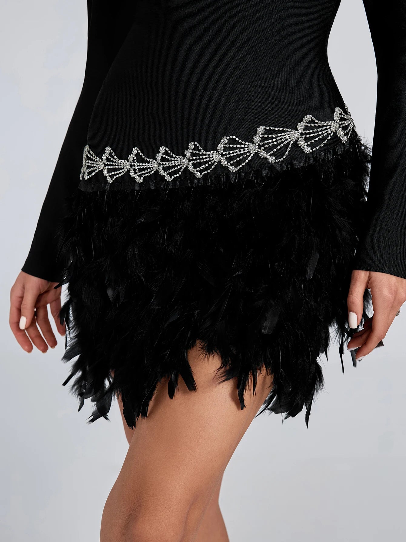 Rhinestones Turtleneck zipper Long Sleeves Feather Cocktail Party Bandage Dress