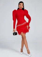 Rhinestones Turtleneck zipper Long Sleeves Feather Cocktail Party Bandage Dress
