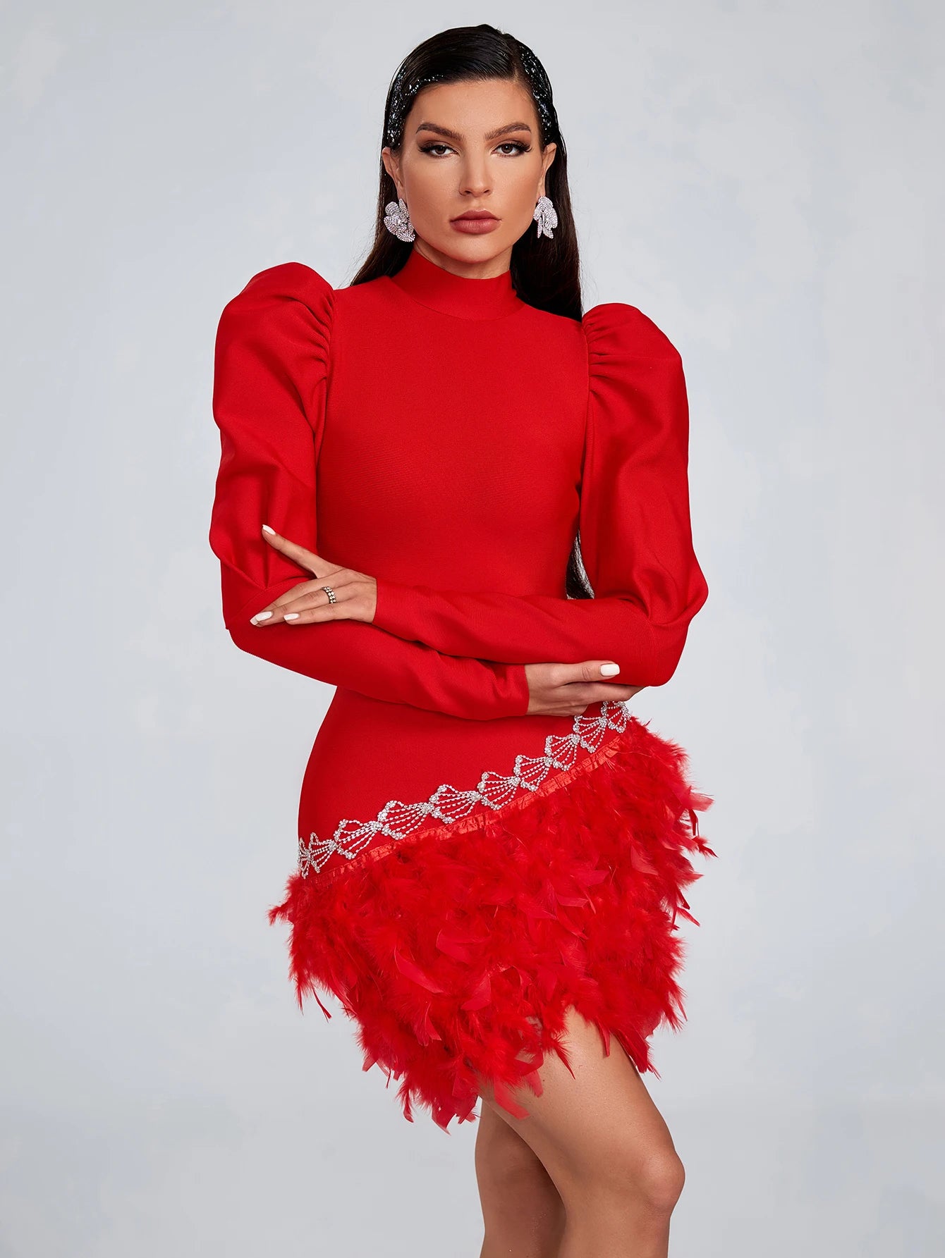 Rhinestones Turtleneck zipper Long Sleeves Feather Cocktail Party Bandage Dress