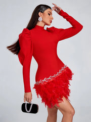 Rhinestones Turtleneck zipper Long Sleeves Feather Cocktail Party Bandage Dress
