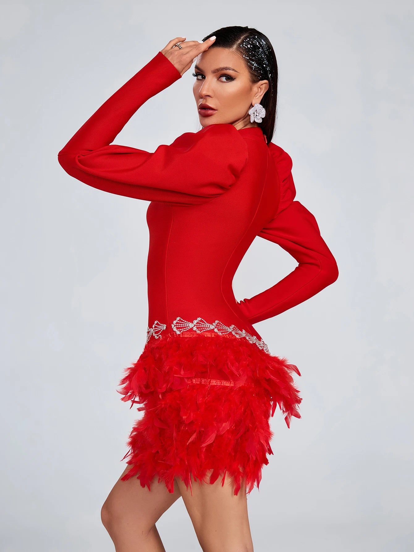 Rhinestones Turtleneck zipper Long Sleeves Feather Cocktail Party Bandage Dress