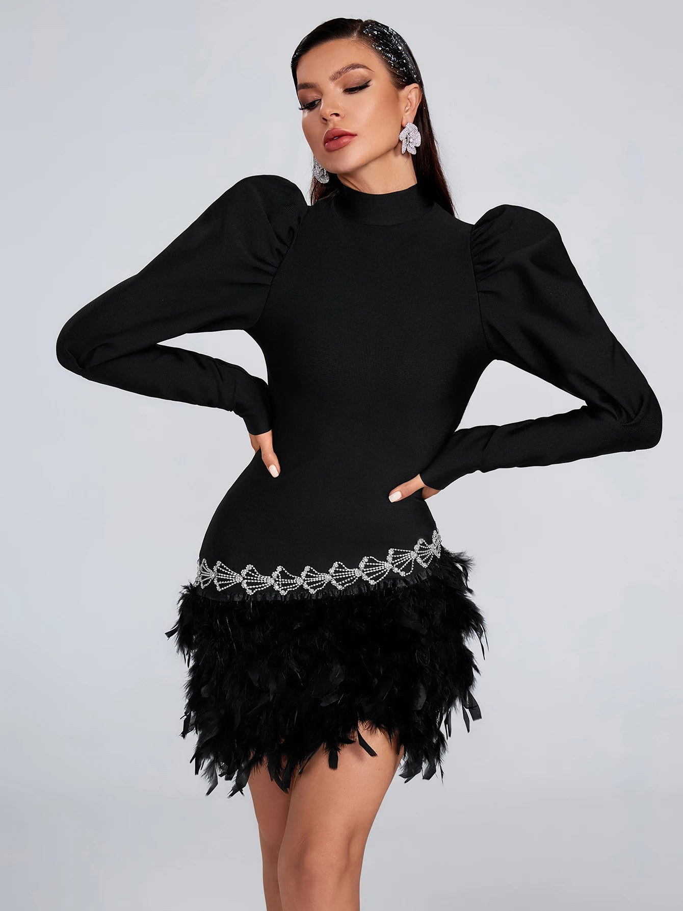 Rhinestones Turtleneck zipper Long Sleeves Feather Cocktail Party Bandage Dress