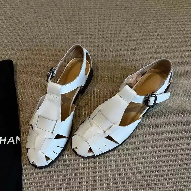 Roman-Style Gladiator Sandals Comfort Square-Heel Metal Buckle Straps Flats Sandals Openwork Woven Design Shoes