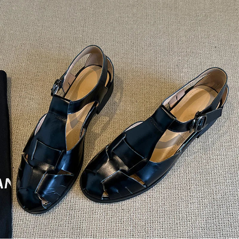 Roman-Style Gladiator Sandals Comfort Square-Heel Metal Buckle Straps Flats Sandals Openwork Woven Design Shoes