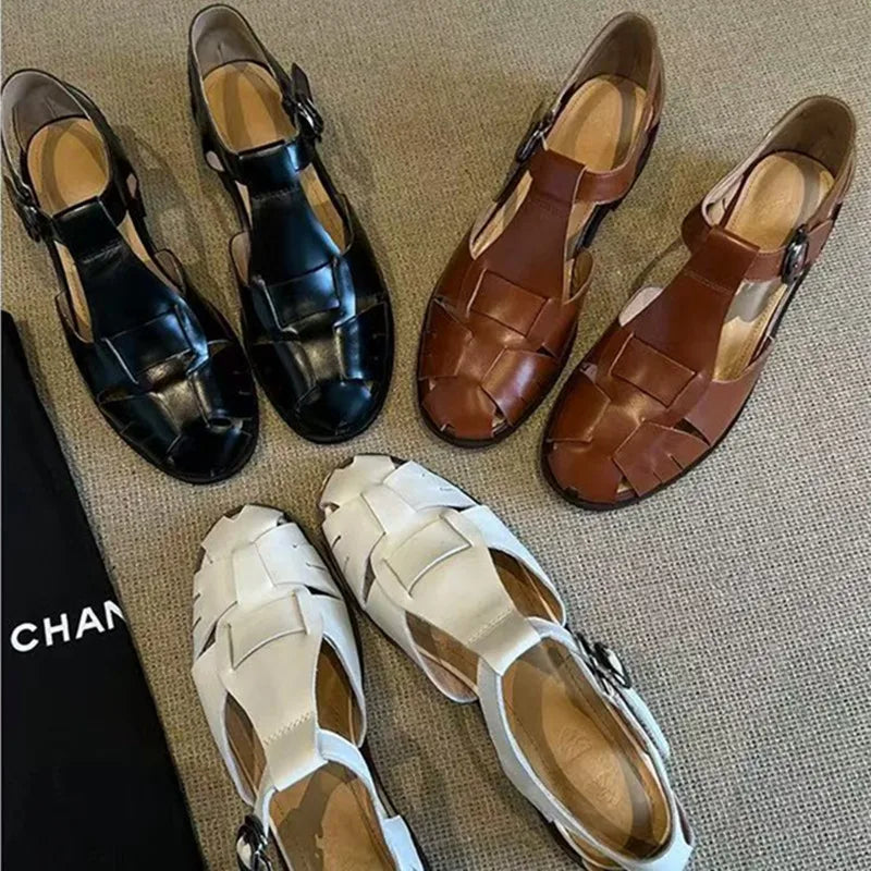 Roman-Style Gladiator Sandals Comfort Square-Heel Metal Buckle Straps Flats Sandals Openwork Woven Design Shoes