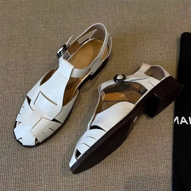 Roman-Style Gladiator Sandals Comfort Square-Heel Metal Buckle Straps Flats Sandals Openwork Woven Design Shoes