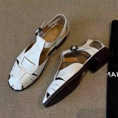 Roman-Style Gladiator Sandals Comfort Square-Heel Metal Buckle Straps Flats Sandals Openwork Woven Design Shoes