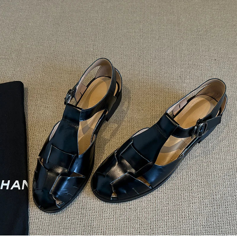 Roman-Style Gladiator Sandals Comfort Square-Heel Metal Buckle Straps Flats Sandals Openwork Woven Design Shoes