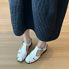 Roman-Style Gladiator Sandals Comfort Square-Heel Metal Buckle Straps Flats Sandals Openwork Woven Design Shoes