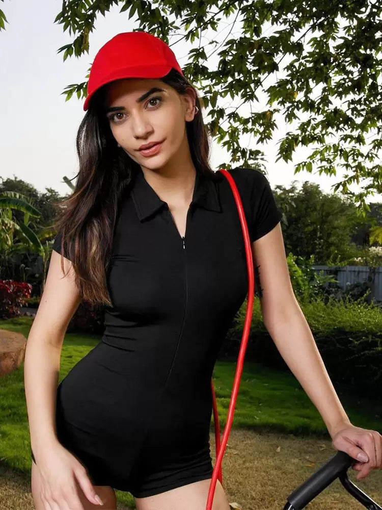 Romper Turndown Collar Short Sleeves Zipper Polyester Skinny Playsuit