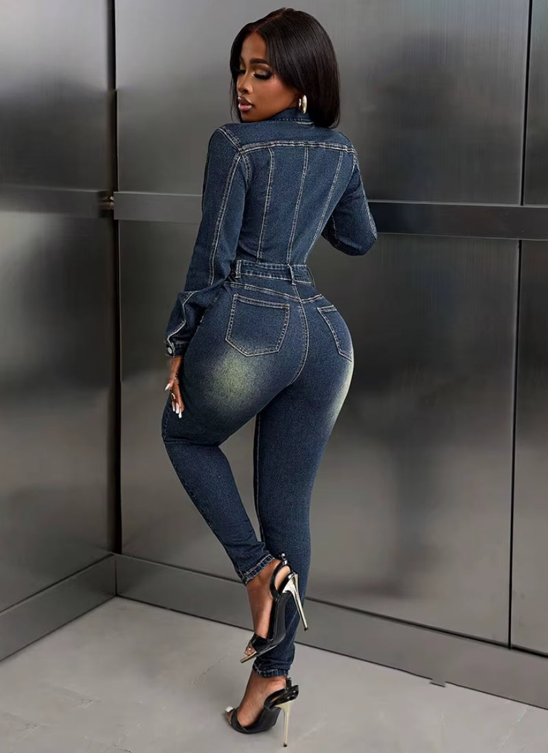Rompers Turn Down Collar Full Sleeve Slim Overalls Pencil Pants  Denim Jumpsuits