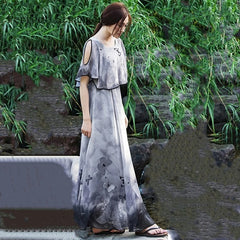 Round Collar Flower Printed Flare Sleeve Chiffon Long Dress
