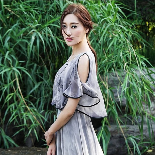 Round Collar Flower Printed Flare Sleeve Chiffon Long Dress