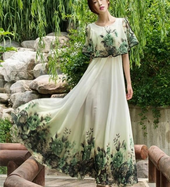 Round Collar Flower Printed Flare Sleeve Chiffon Long Dress