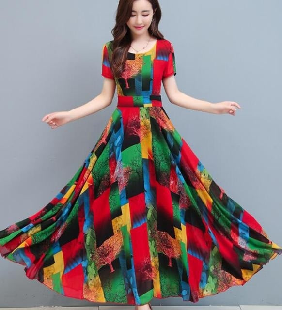 Round Collar Short Sleeve Color Block Chiffon Dress