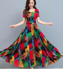 Round Collar Short Sleeve Color Block Chiffon Dress