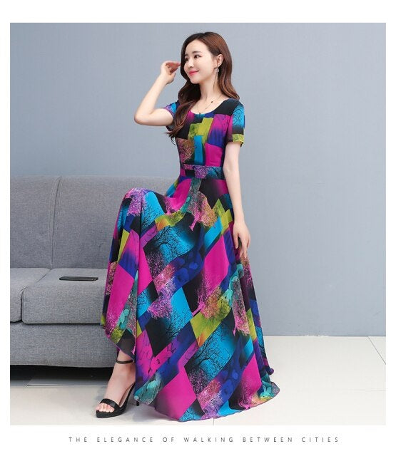 Round Collar Short Sleeve Color Block Chiffon Dress