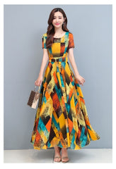 Round Collar Short Sleeve Color Block Chiffon Dress