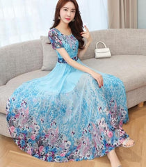 Round Collar Short Sleeve Flower Printed Chiffon Dress