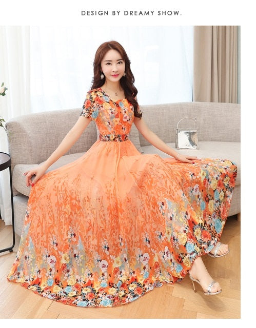 Round Collar Short Sleeve Flower Printed Chiffon Dress