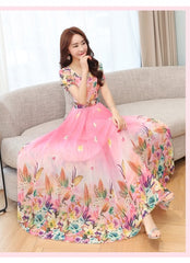 Round Collar Short Sleeve Flower Printed Chiffon Dress